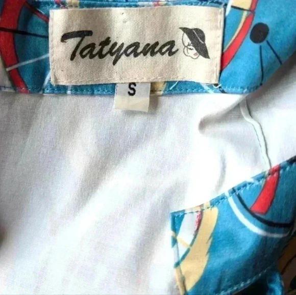 Tatyana Cruiser Swing Dress Satin Blue Bicycle Wheel Fit and Flare Women's Small - Picture 8 of 10